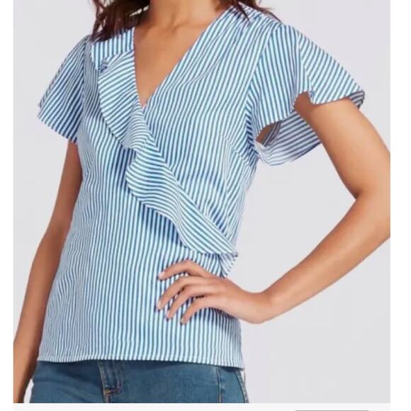 Draper James womens size 8 top wrap blue/white stripe flutter sleeve cotton - Picture 1 of 10